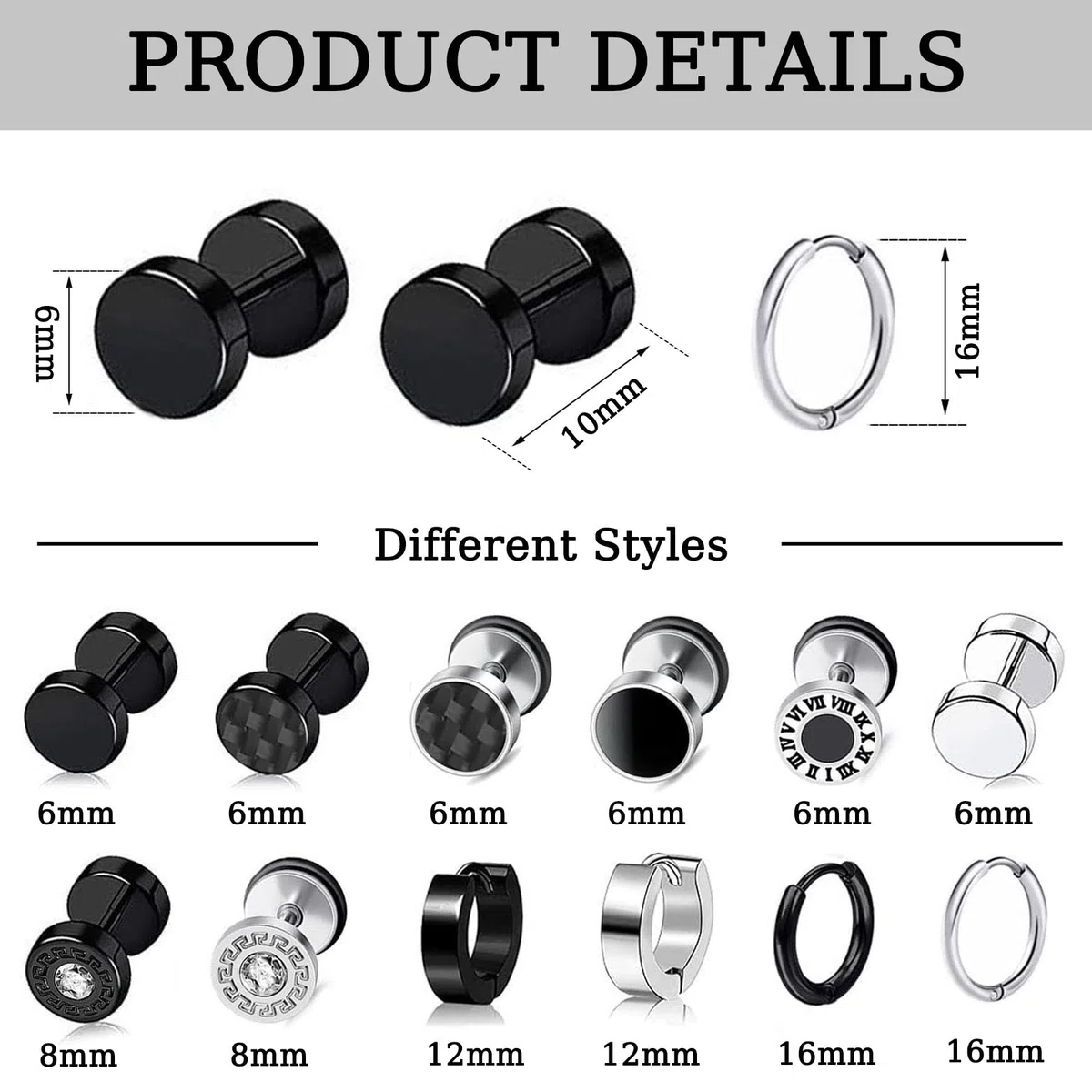12 Paar Edelstahl Ohrringe Herren, Allergiefreie Creolen Ohrstecker Fake Plugs Schwarz/Silber für Damen Herren