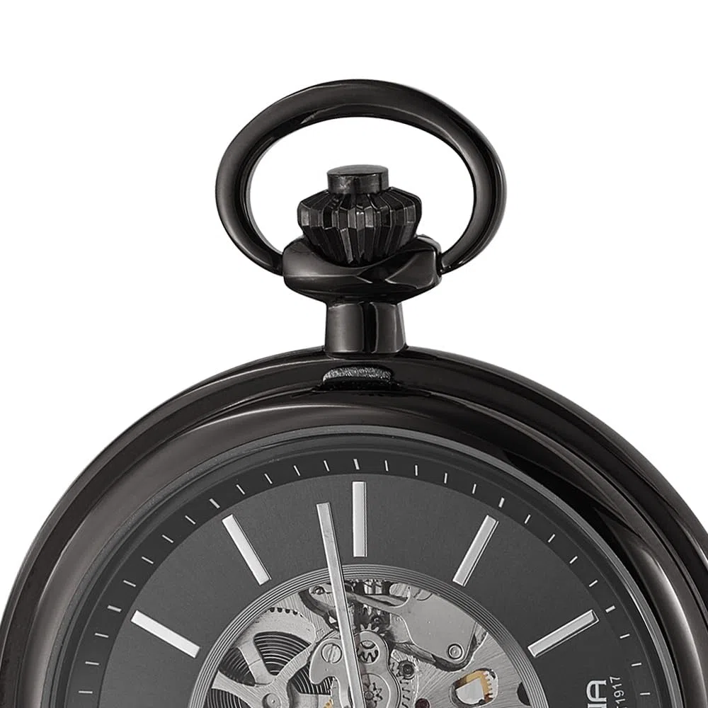 Dugena Herren-Taschenuhr 4460978-1, Savonette, Handaufzug, skelettiert, Schwarz, Edelstahlgehäuse, mit Mineralglas und Indexe, 51 mm