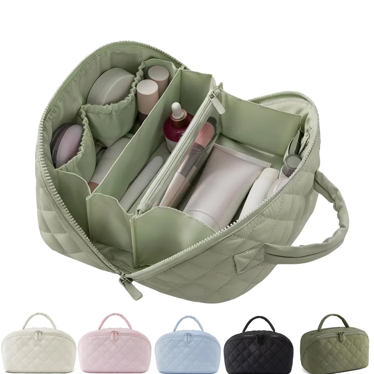 Travel Makeup Bag for Women – Large Capacity Waterproof Puffer Cosmetic Organizer, 180° Lay-Flat Toiletry Bag, Machine Washable Nylon Kulturtasche Damen with Handle (Grün)