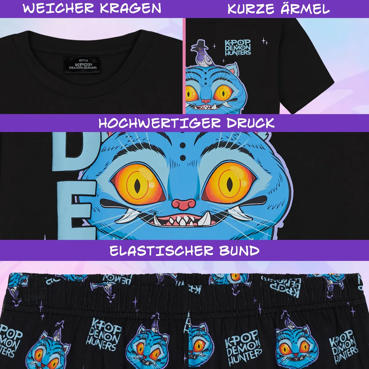 KPop Demon Hunters Schlafanzug Mädchen 116-164cm, 2-Teilig Sommer Pyjama Set mit Kurzarm T-Shirt und Schlafanzug Kurz, Geschenke für Mädchen