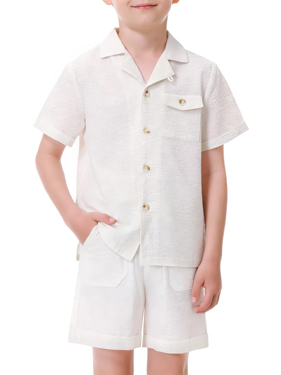 Volunboy Jungen Seersucker Sommer-Set, Texturiertes Camp-Kragen-Hemd mit Knöpfen & Elastik-Shorts, 4–10 Jahre