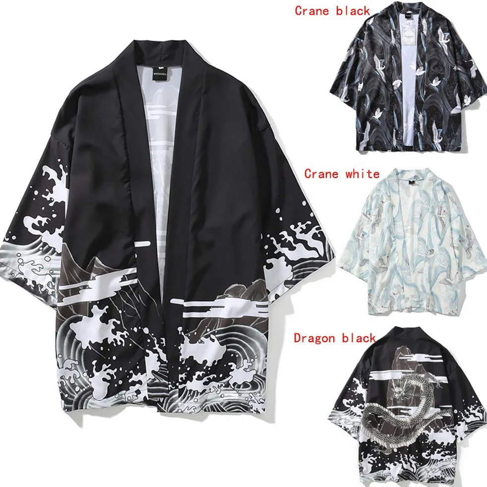 Herren Kimono Jacke Neutral Retro Muster Kranich Design Lose Ärmel Baumwolle Shirt Top