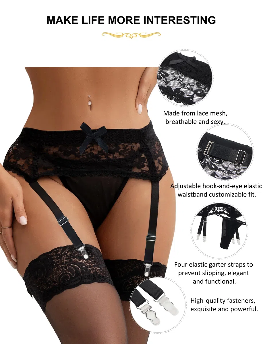 Strumpfhalter Damen Spitze Strapsgürtel Breit Mit 4 Clips Sexy Strapshalter Große Größen Transparente Unterwäsche Frauen Set Verstellbar Strumpfgürtel Mit Tanga Garter Belt Suspenders