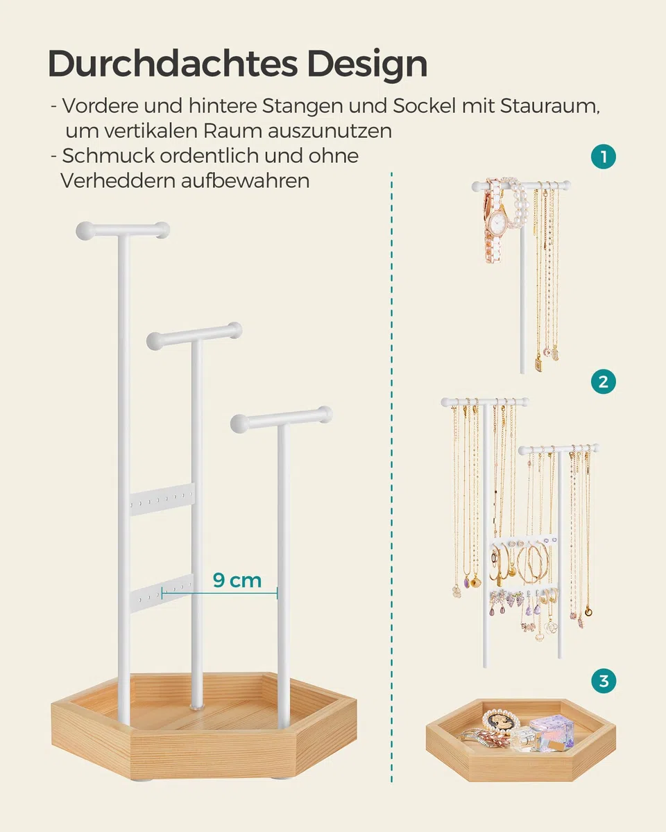 SONGMICS Schmuckständer, Schmuckhalter, 4 getrennte Bereiche, Ohrringhalter aus Metall, Schmuckaufbewahrung für Halsketten Armbänder Ohrringe, Geschenkidee, weiß-naturbeige JJS03NW