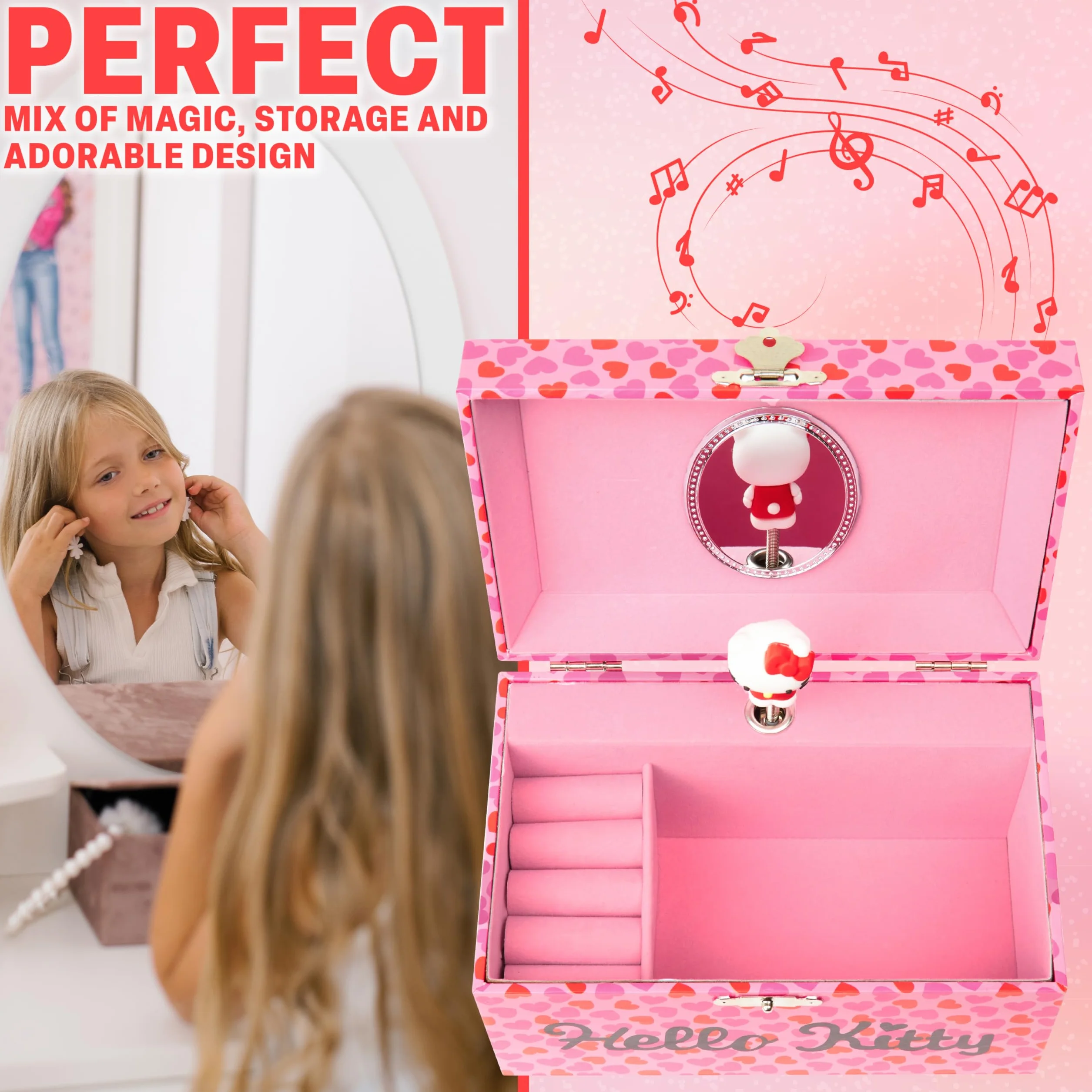 Hello Kitty Sanrio Schmuckkästchen Mädchen mit Spieluhr, Spiegel, Schmuckschatulle Kinder für Ringe, Ohrringe, Halskette, Geschenke für Mädchen (Rosa