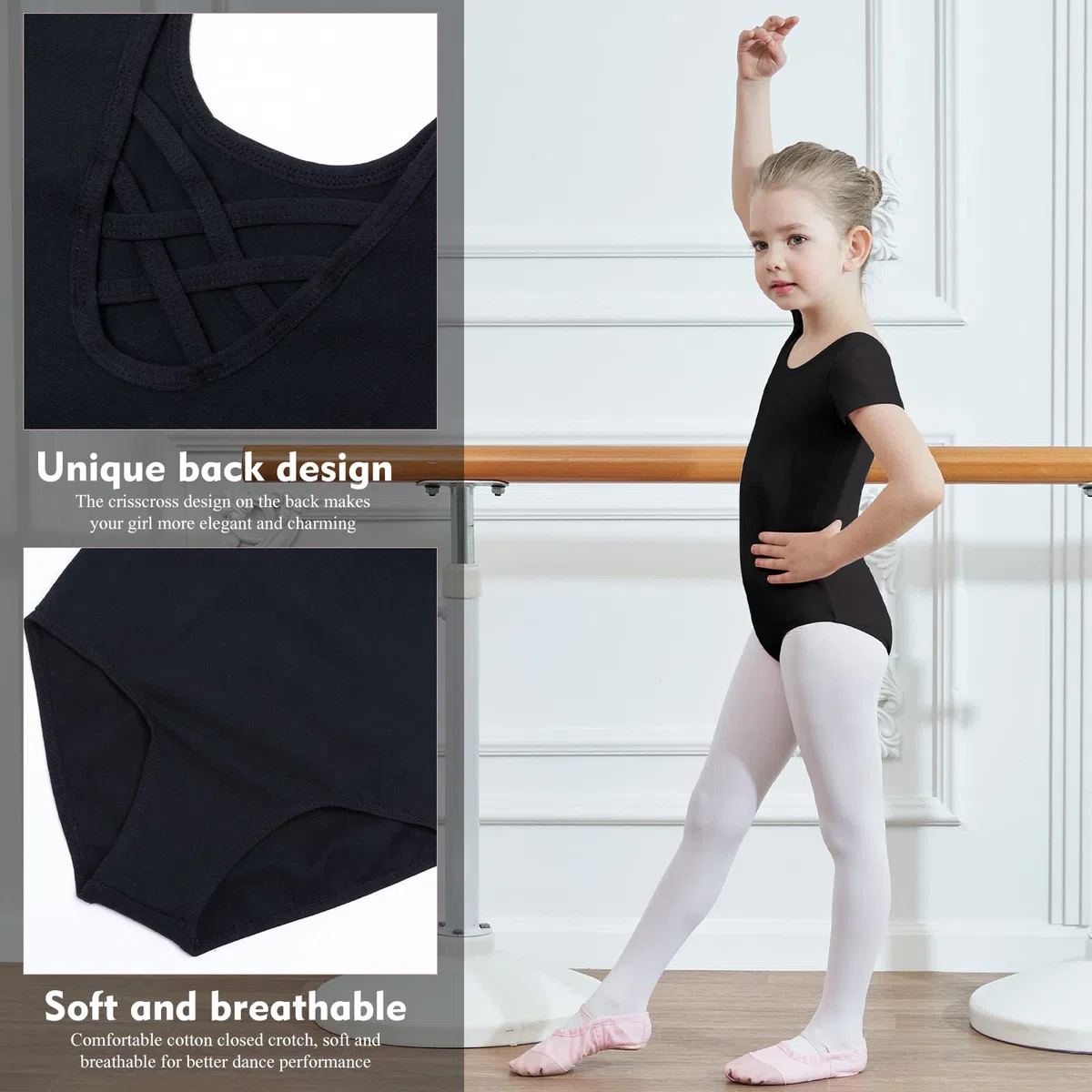 Ballettanzug Mädchen, Kinder Ballett Trikot Kurzarm Ballett Gymnastik Turnanzug Tanz-Body aus Baumwolle für Damen Kinder Schwarz Weiß Rosa(Größe 110-170)