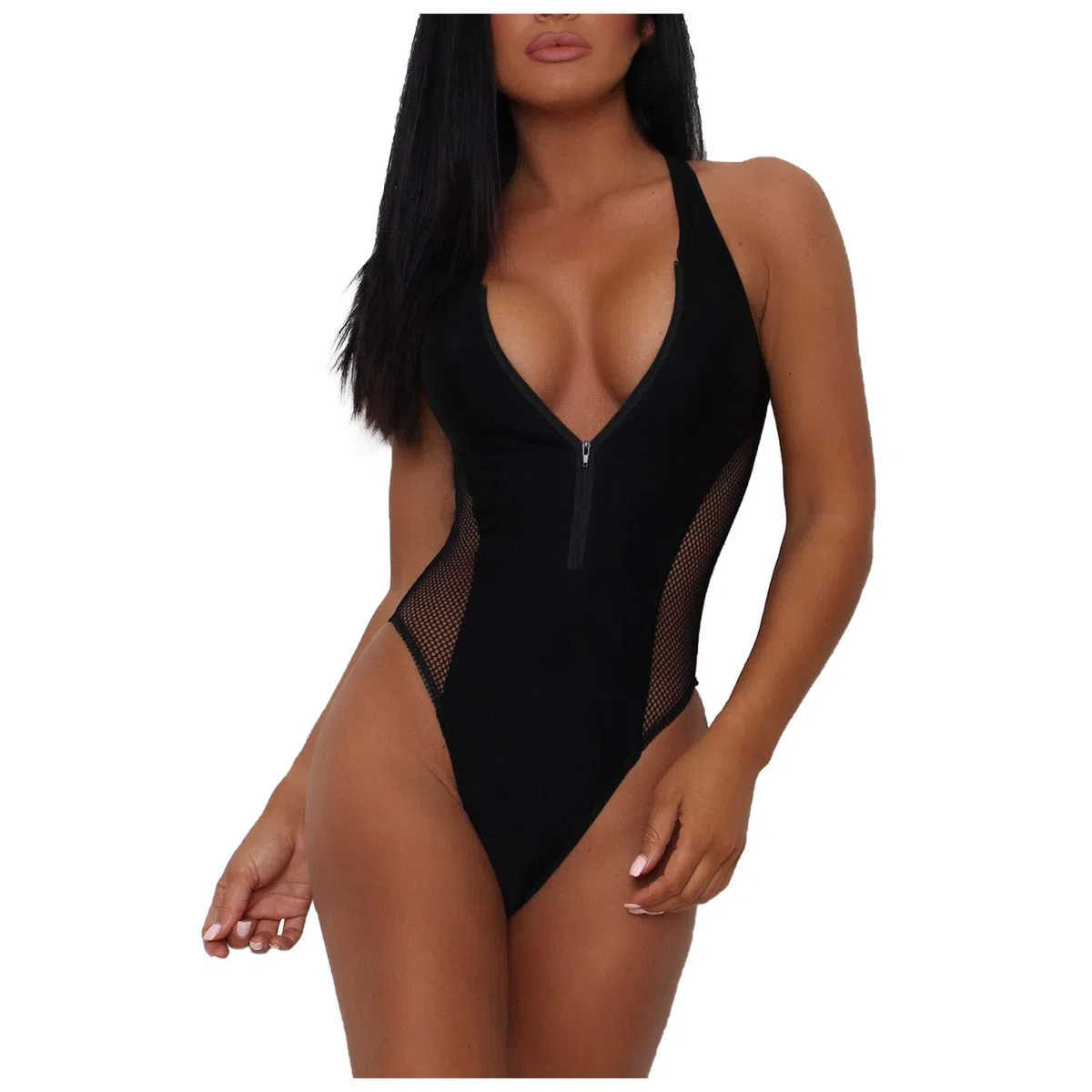 Generisch Damen Badeanzug Sport Race Back Monokini mit Reissverschluss Vorne High Waist Push Up Strandmode Mesh Zierausschnitten Taillierte High Leg Cut Einteilige Bademode Swimsuit Strandbikini