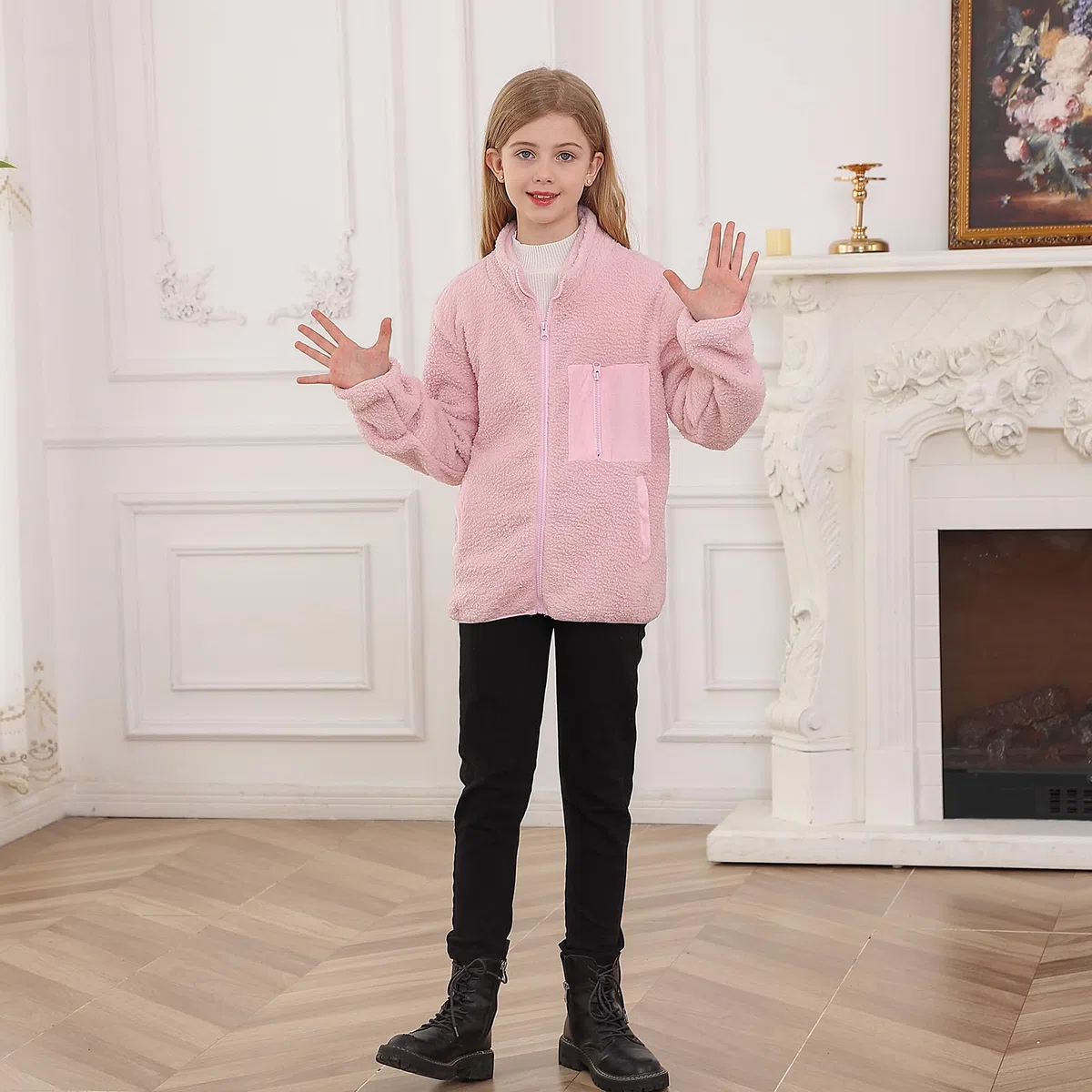 ALISISTER Fleecejacke Mädchen Jungen Sherpa Herbst Winter durchgehender Reißverschluss Flauschiger Mantel Oberbekleidung mit Taschen für 5–12 Jahre