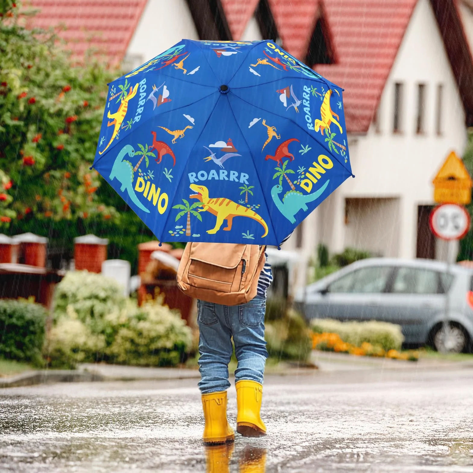 decalsweet Regenschirm Kinder Stockschirm mit Schirmhülle, Windsicher Robustheit Regen Regenschirm, Faltbarer Kinderschirm Taschenschirm für Junge Mädchen Leicht zu Transportieren, Blauer Dinosaurier