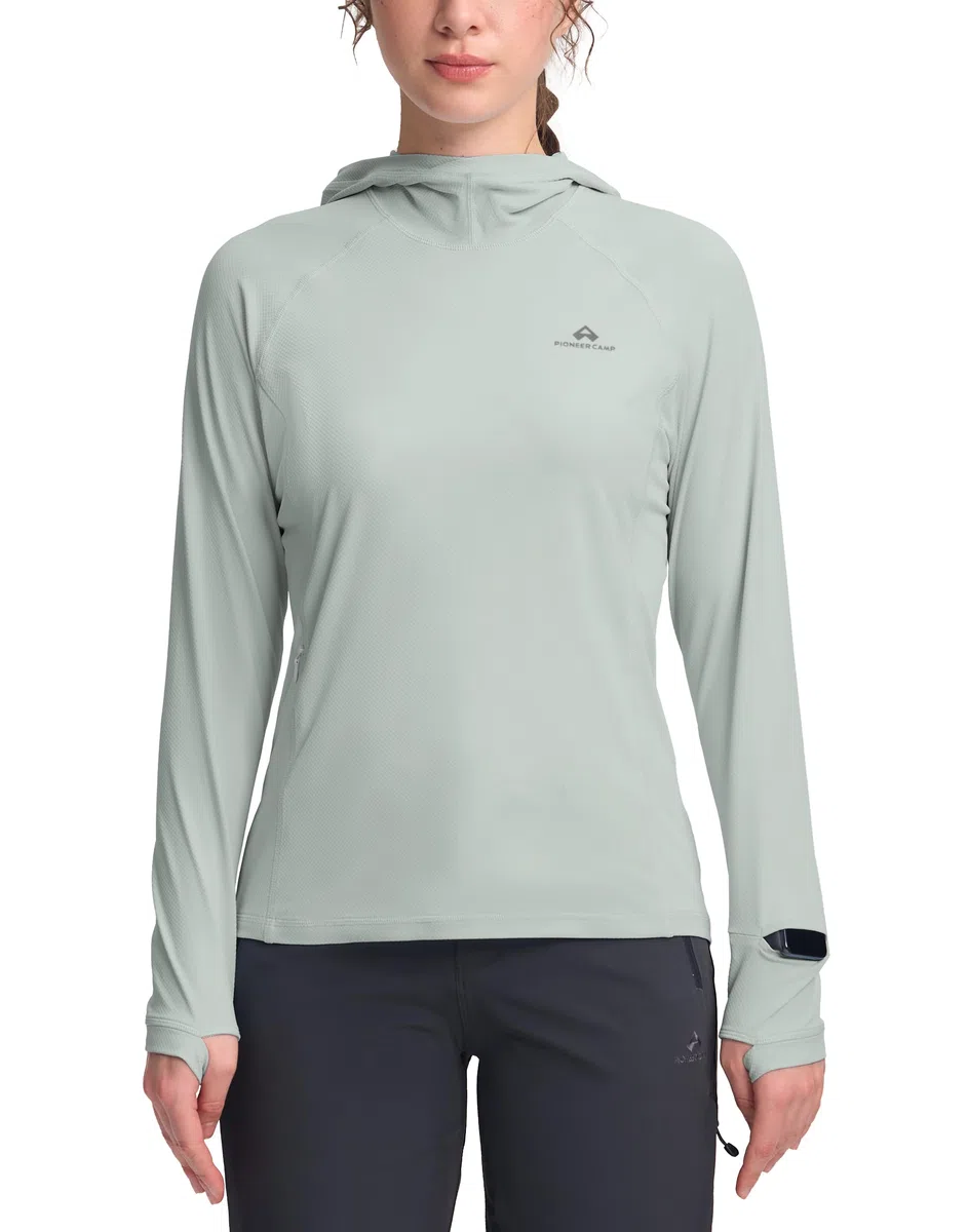 Pioneer Camp Sun Hoodie Damen UV-Schutz Langarm, Leichte Fast-Dry Wanderungshirt mit Kapuze, 50+ UPF Wabenstruktur für Atmungsaktivität, 4-Wege-Stretch für Kletterei & Trailrunning