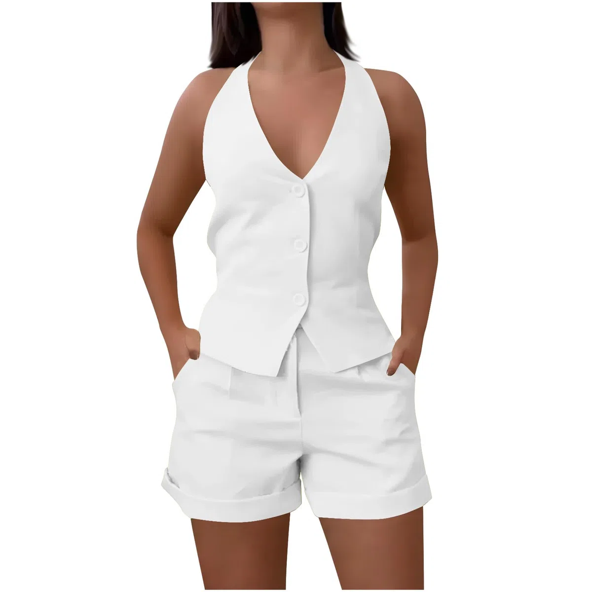 NSICBMNO 2-teiliges Outfit für Damen, formelles Co-Ord-Set, Shorts, Lounge-Set, ärmellos, V-Ausschnitt, Weste, maßgeschneiderte Shorts mit Taschen, Flughafen-Outfit, lässiger Trainingsanzug für Büro
