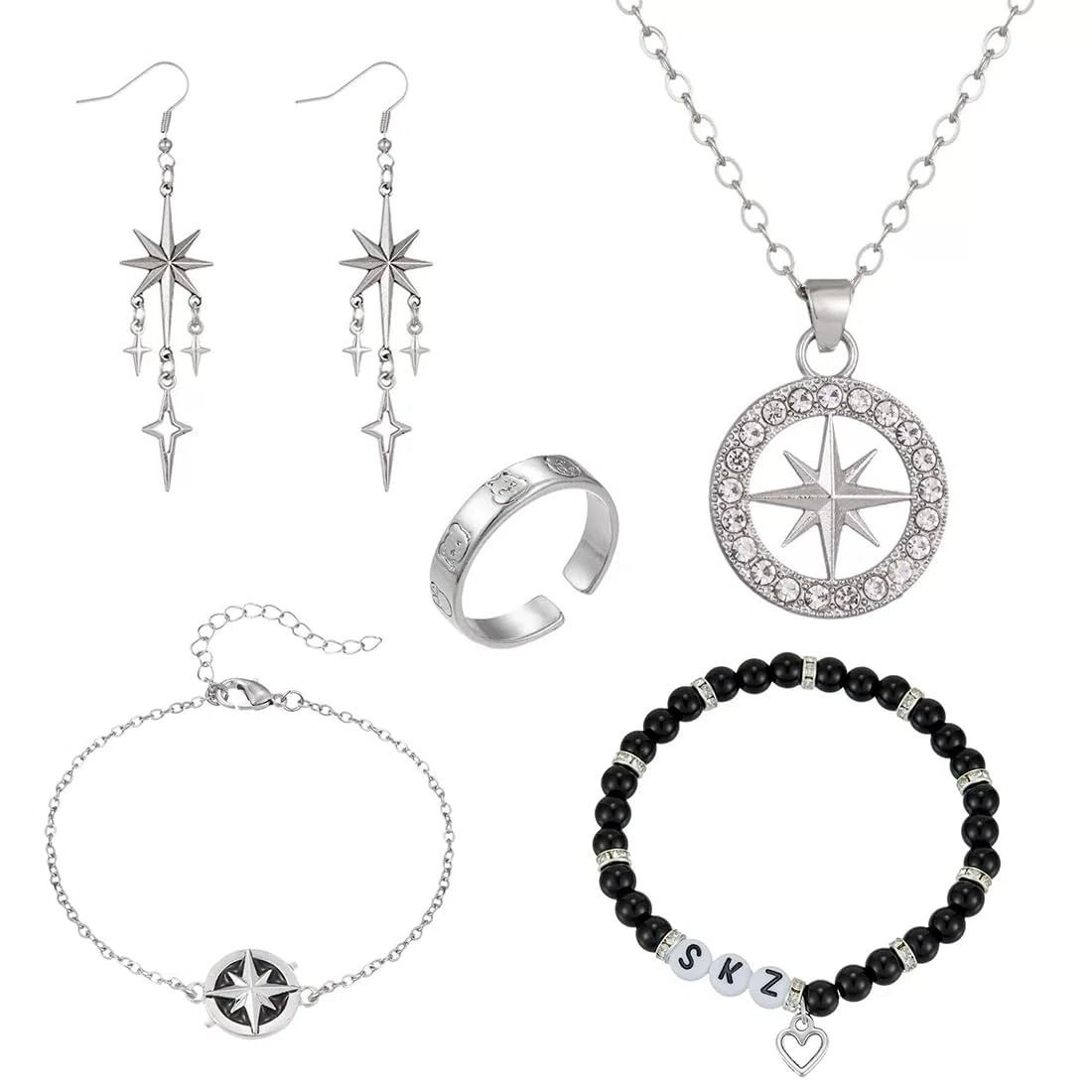 Stray Halskette Armband Set, mit Halsketten, Armbänder, Perlenarmbänder, Ringe, Ohrringe und 2 SKZ Photocard, Kpop Geschenke, Unverzichtbare Fanartikel für Kpop Fans