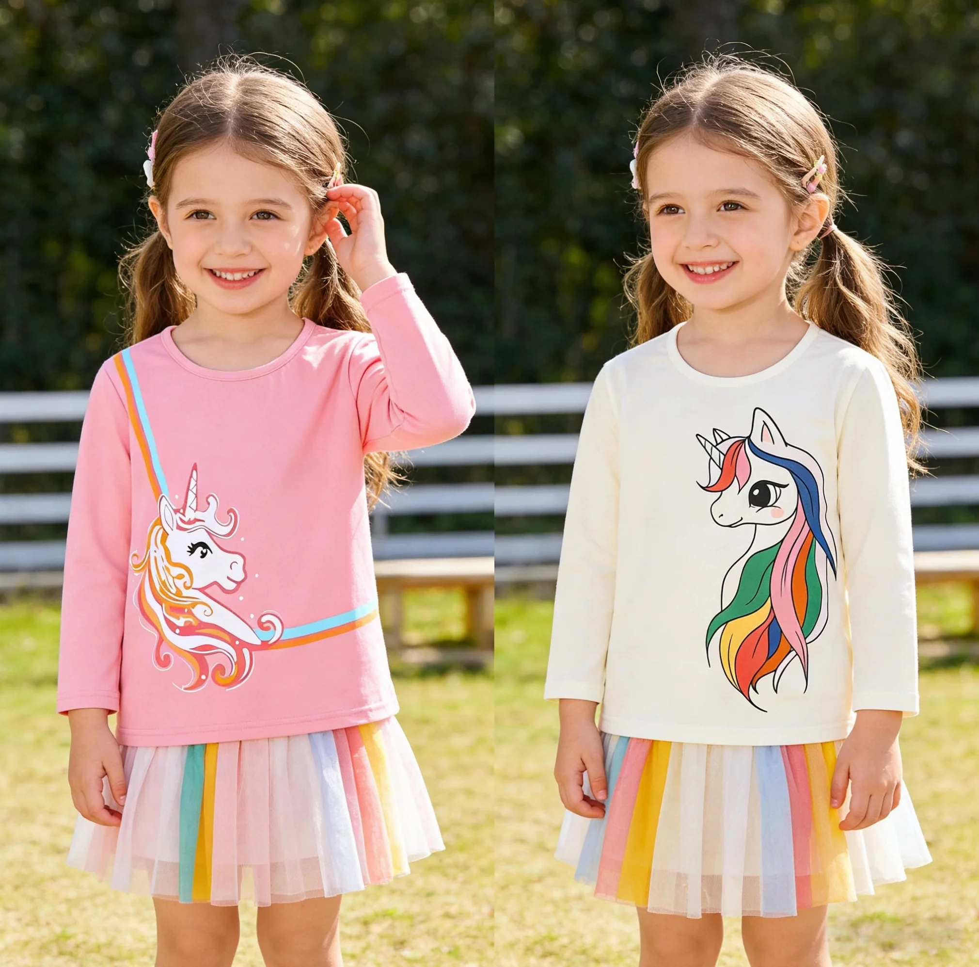 Langarmshirt Mädchen Baumwolle Longsleeve Kinder Mädchen Einhorn Häschen Rundhals Langarm Tops 2er Pack für Kinder 3-8 Jahre Größe 98 104 110 116 122 128