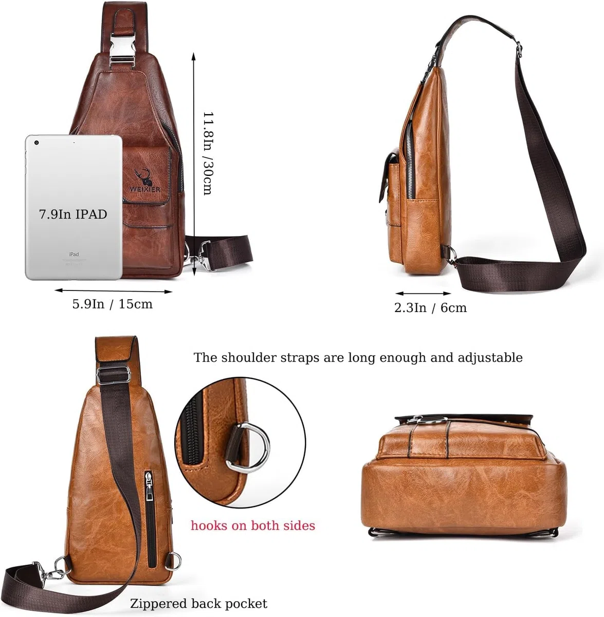 Sling Tasche für Herren,Leder Brusttasche,Wasserdichte Schultertaschen,Lässige leichte Tasche,Handy,Crossbody für Wandern,Radfahren,Camping (Dunkelbraun)