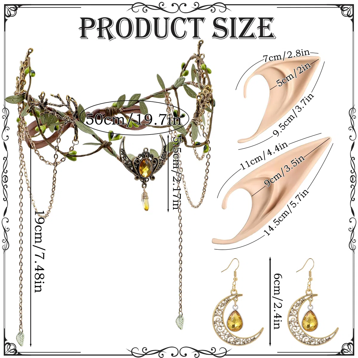 MOSTORY Elfenohren Kopfschmuck Ohrringe Damen Set, Diadem mit Quasten und Mond für Cosplay Karneval Renaissance Kostüm