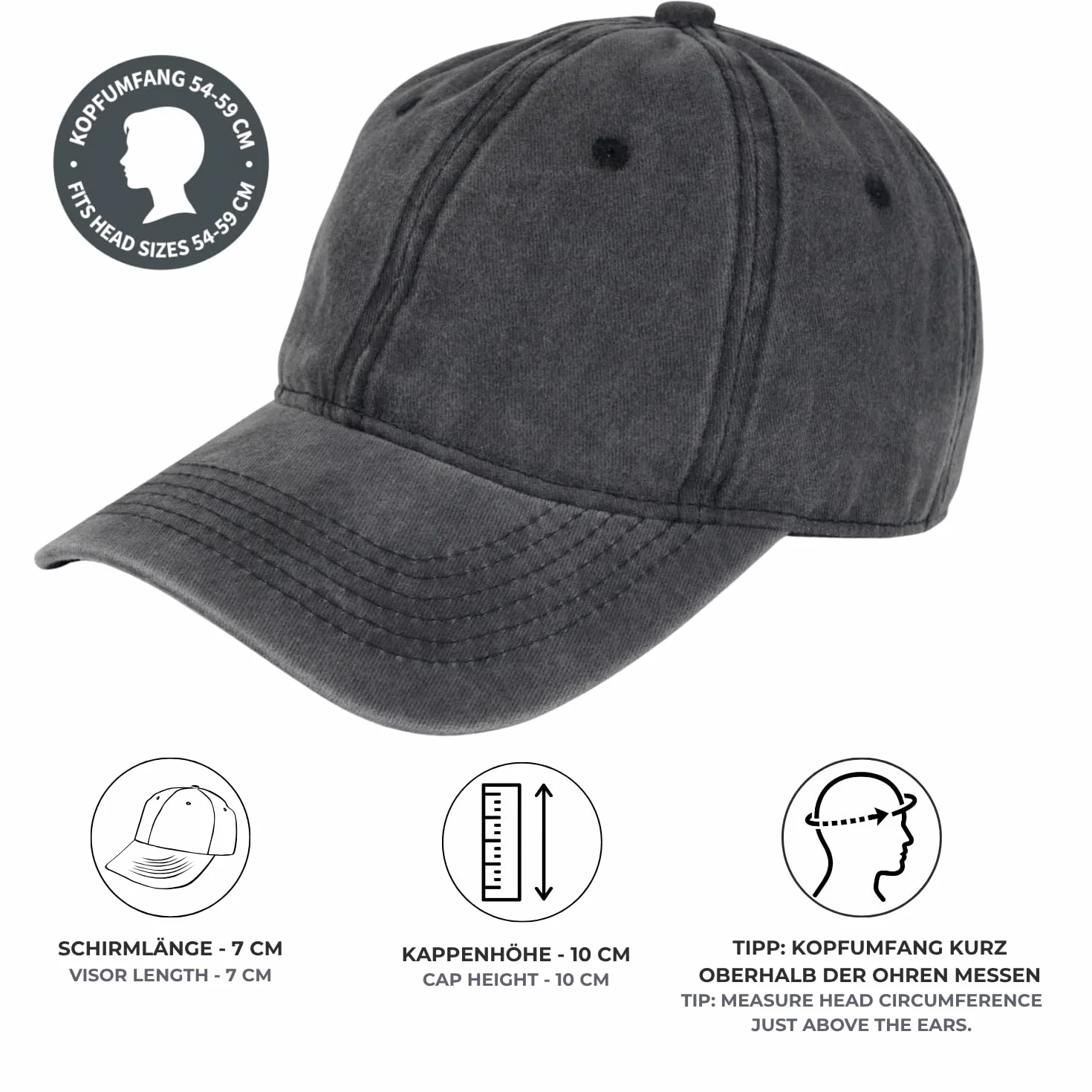 styleBREAKER Unisex Baseball Cap Vintage Baumwolle | Washed Look. Metallschnalle stufenlos verstellbar, Kopfumfang 54-59 cm, 7 cm gebogener Schirm, Schweißband & Luftlöcher.