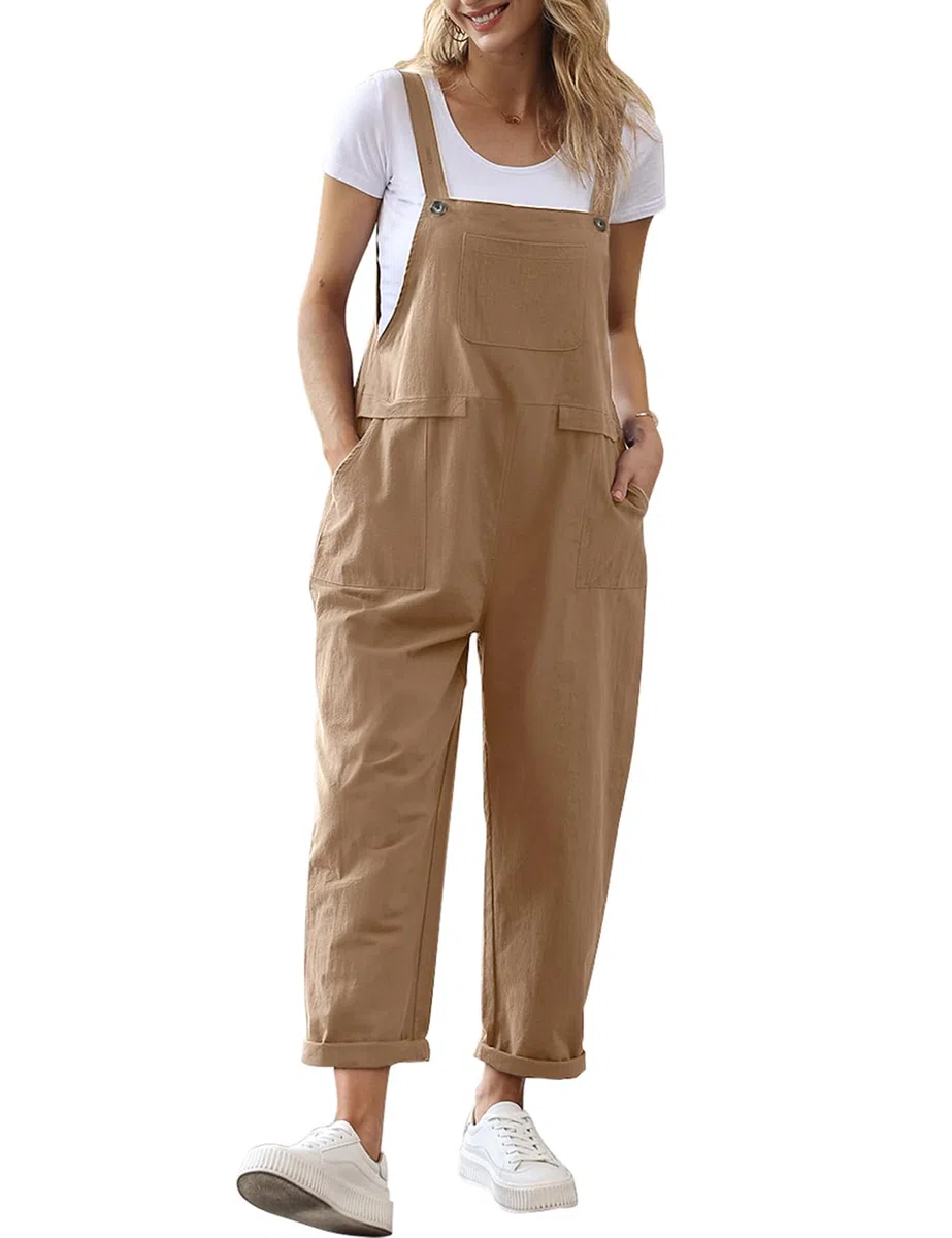 YESNO Damen Latzhose Sommer Oversize Trägerhose Beiläufig Loose Bib Pants Overall Baggy Jumpsuit Strampler Sommerhose mit Träger L PV9DE Kamel