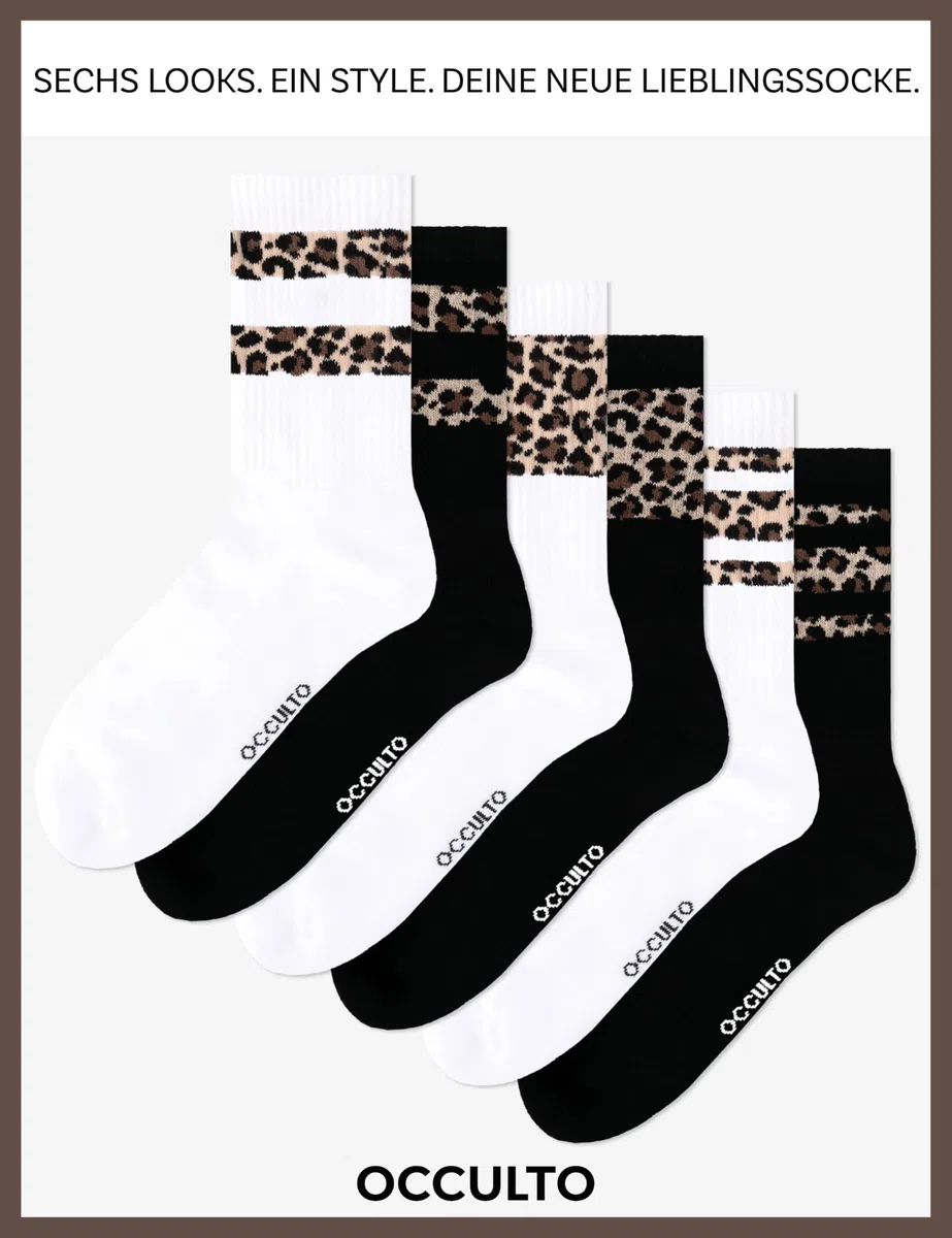 Occulto Damen Leoparden Muster Tennis Socken 6er Pack (Modell: Nala)