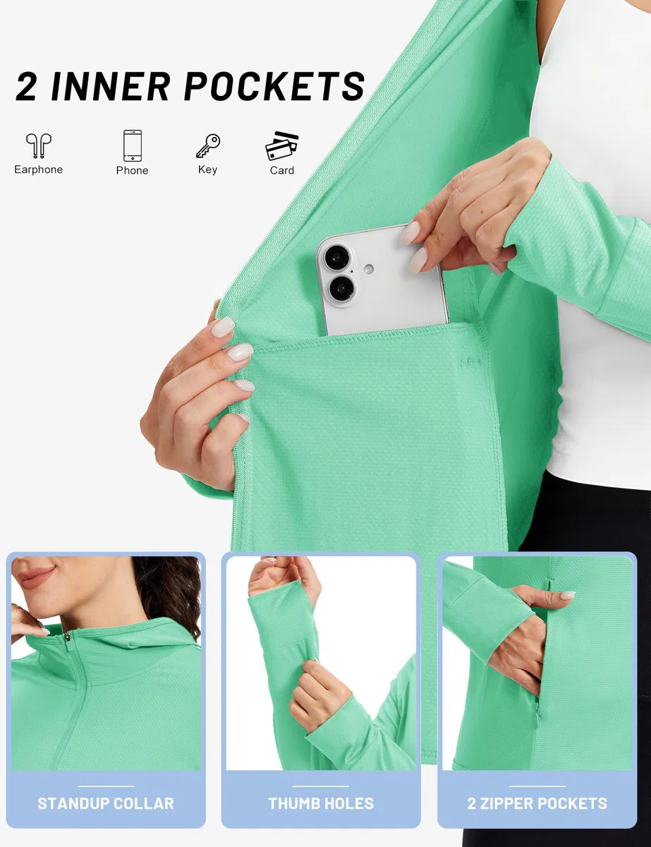 TACVASEN Damen UV Shirt Kapuze Jacke Langarm Laufshirt Schnelltrocknend Sportshirt Full Zip Sun Hoodie mit Daumenloch