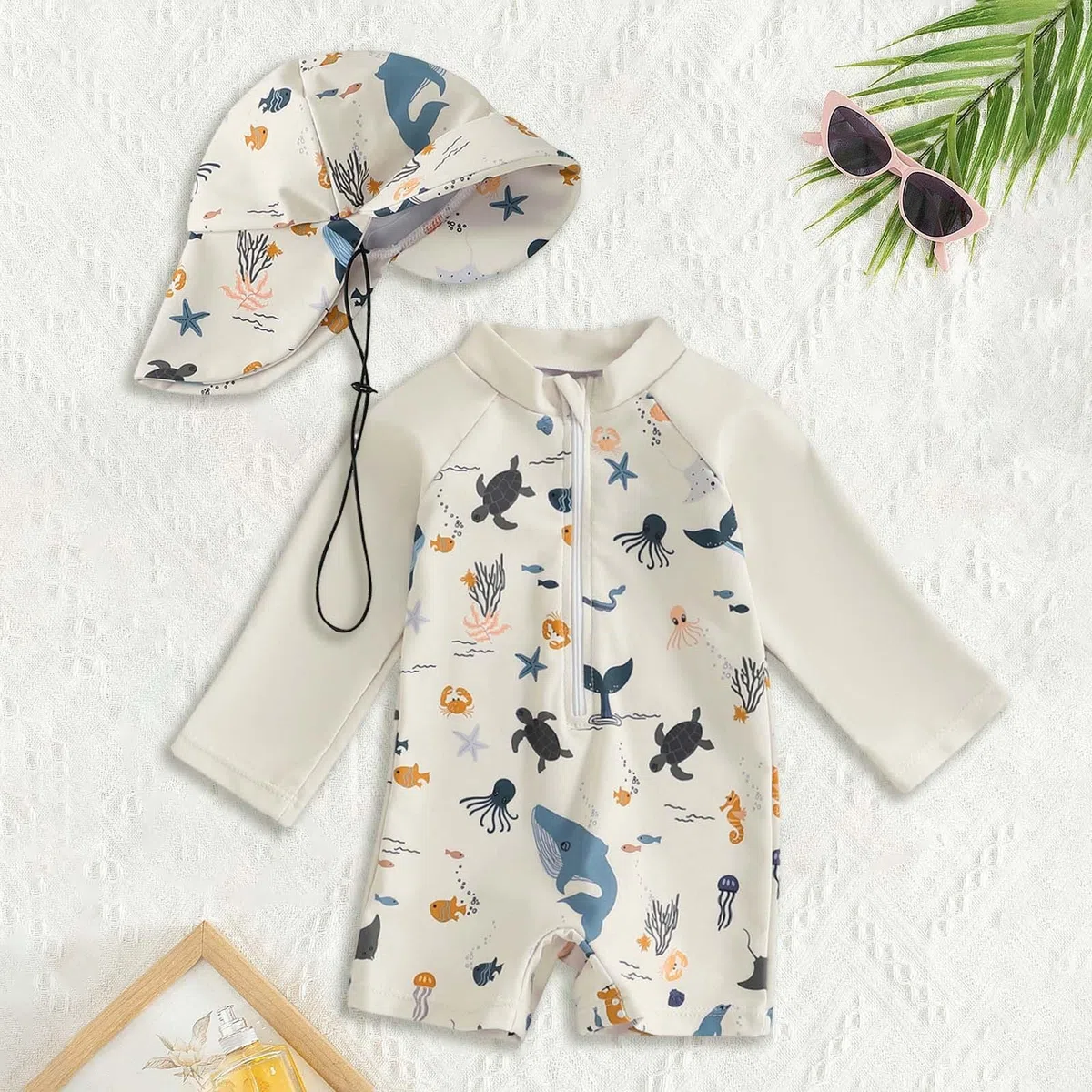 UV Badeanzug Baby Kleinkind mit Sonnenhut Rash Guard Badebekleidung Jungen Mädchen Langarm Cartoon Sonnenschutz Einteiler Schwimmanzug Strandkleidung für Schwimmen Wassersport Strand Pool
