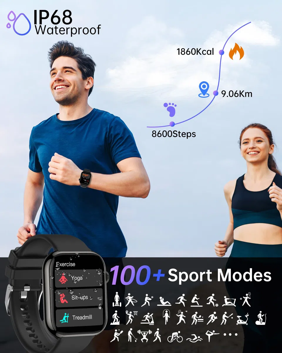 Smartwatch für Herren/Damen mit Telefonfunktion - 1,85" Bildschirm Fitnessuhr, Herzfrequenz, SpO2, Schlafmonitor, Schrittzähler, IP68 Wasserdicht Uhr, 113+ Sportmodi Sportuhr für Android iOS