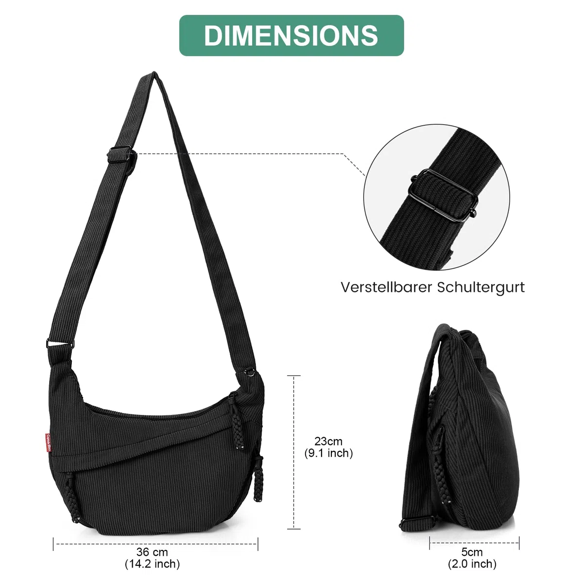 Captain Blues Umhängetasche Damen Crossbody Bag Cord Tasche Halbmond Tasche Damen, Verstellbare Schultertasche mit Reißverschluss und Baumwollfutter, Ideal für Arbeit, Reisen und Uni