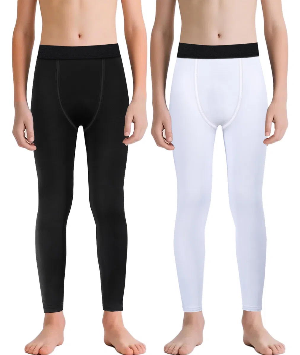 2 Stück Kompressions Leggings Kinder Jungen, Kompressionshose für Jungen,Lange Sportleggings für Fußball und Basketball (Schwarz+Weiß)