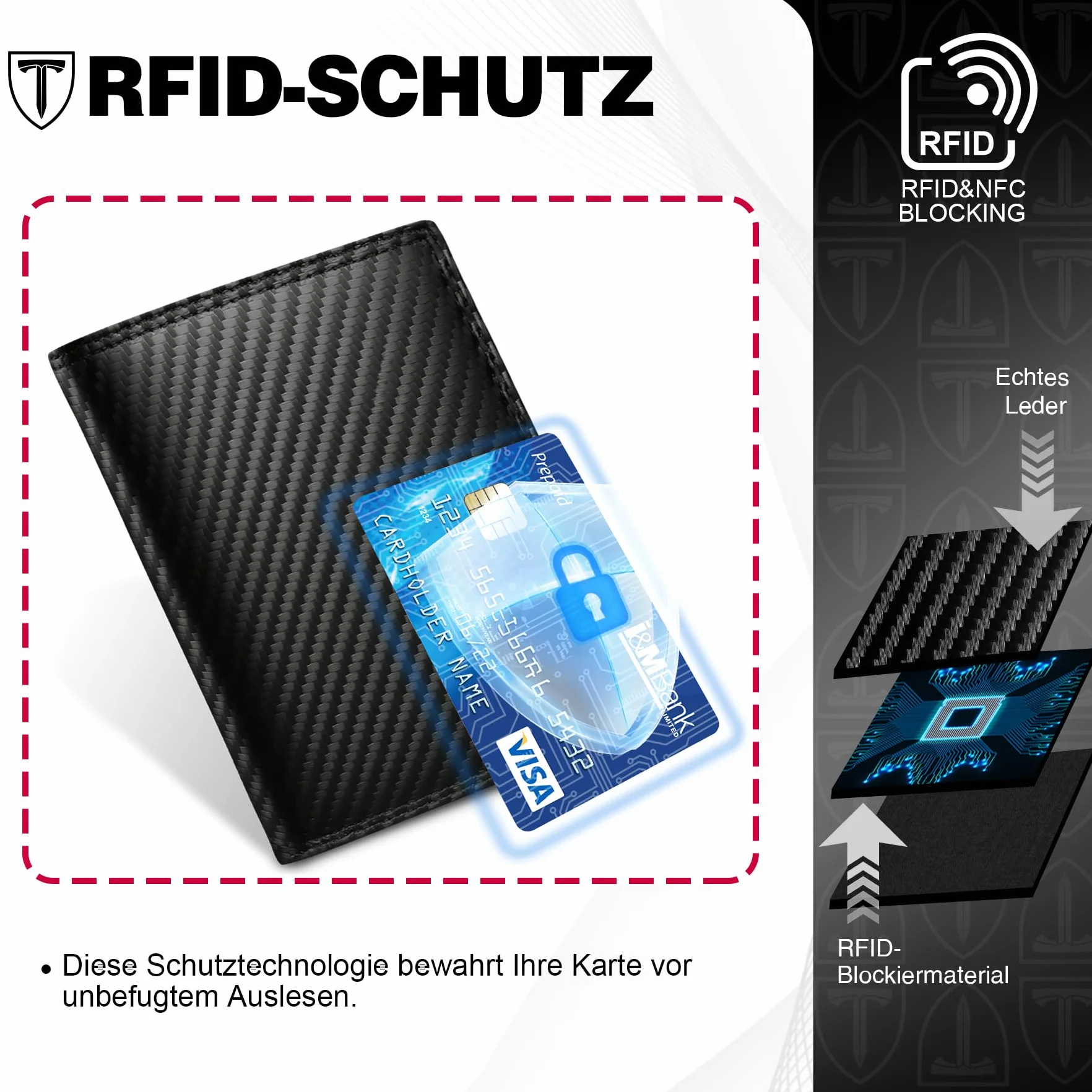 TEEHON Herren Geldbörse aus Karbonfaser-Leder mit RFID-Blocker, 13 Kreditkartenfächer, 1 Großem Münzfach, 2 Geldscheinfächer, Geräumiger Portemonnaie Portmonee Geschenk