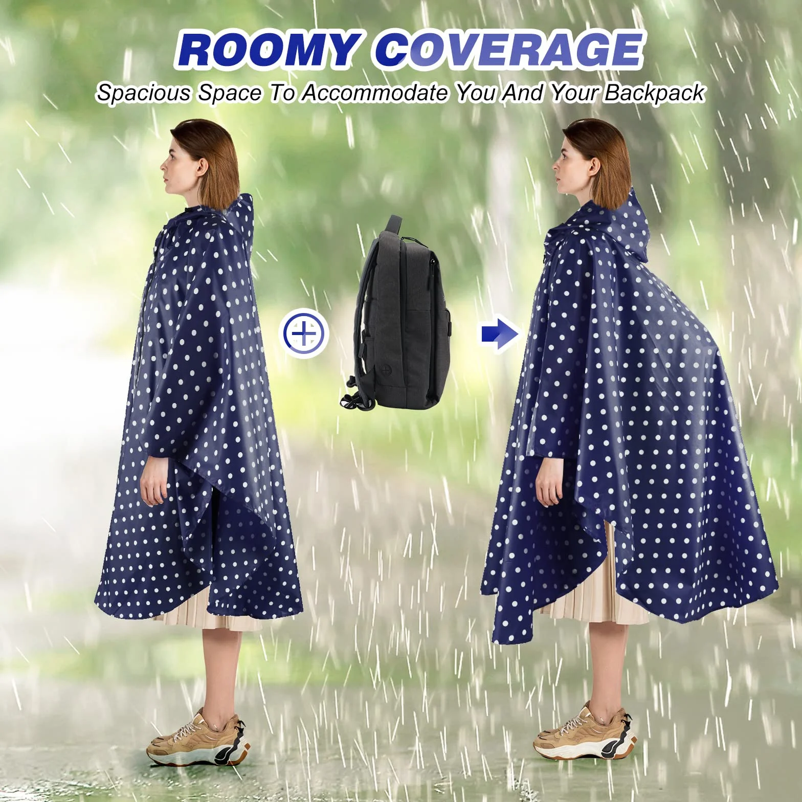 SOPPY Regenmantel für Frauen, Langer Regenponcho wasserdichte Regenbekleidung Regenjacke Winddichte Regencape Raincoat Regenschutzbekleidung mit Pattentasche Kapuze Tunnelzug