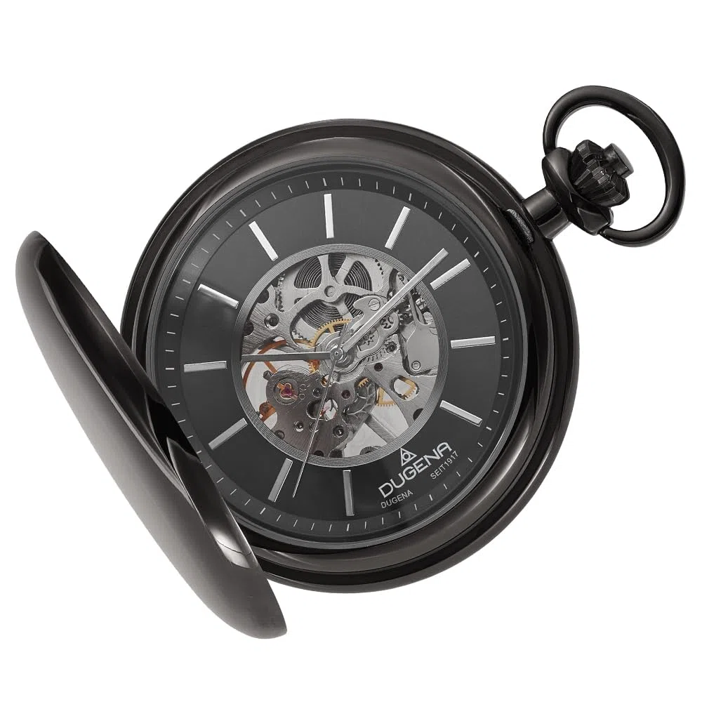 Dugena Herren-Taschenuhr 4460978-1, Savonette, Handaufzug, skelettiert, Schwarz, Edelstahlgehäuse, mit Mineralglas und Indexe, 51 mm