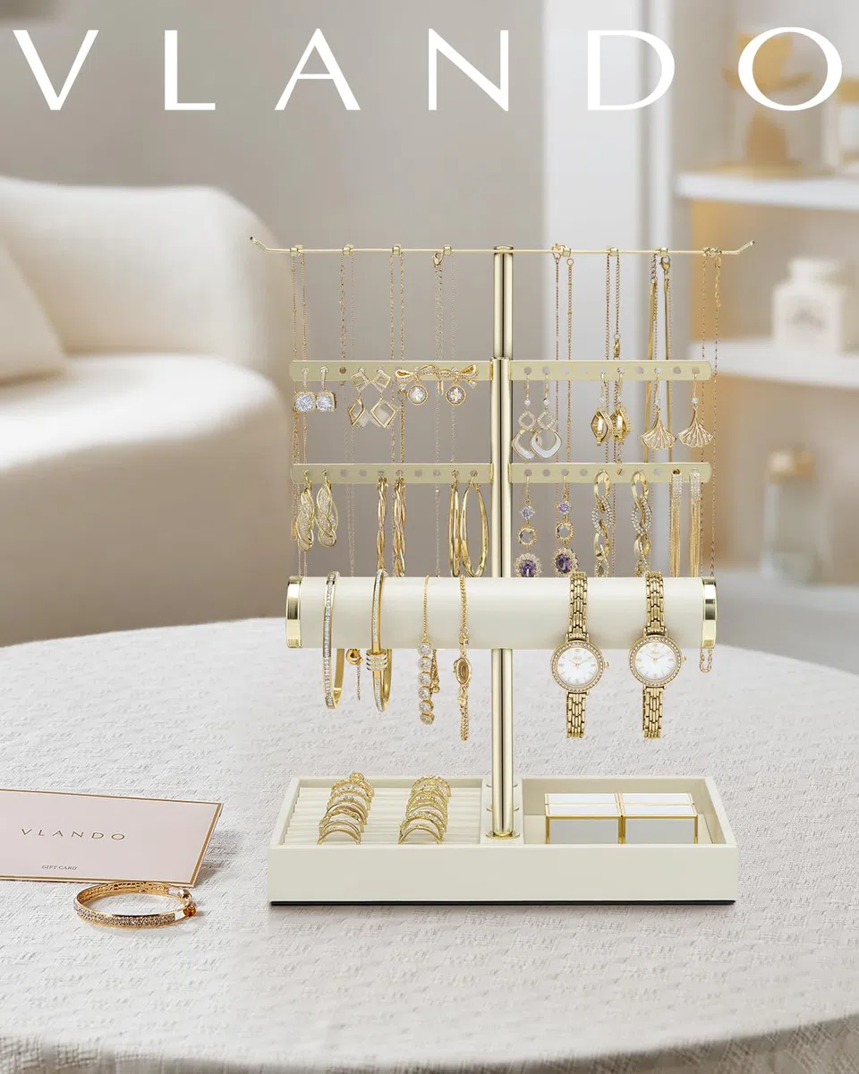 VLANDO Schmuck Organizer 4 Etagen Schmuckständer Gold mit Kunstleder Armbandhalter - Schmuckaufbewahrung Display für Halsketten, Uhren, Ringe, Ohrringe, Armbänder, Armreifen, Sonnenbrillen