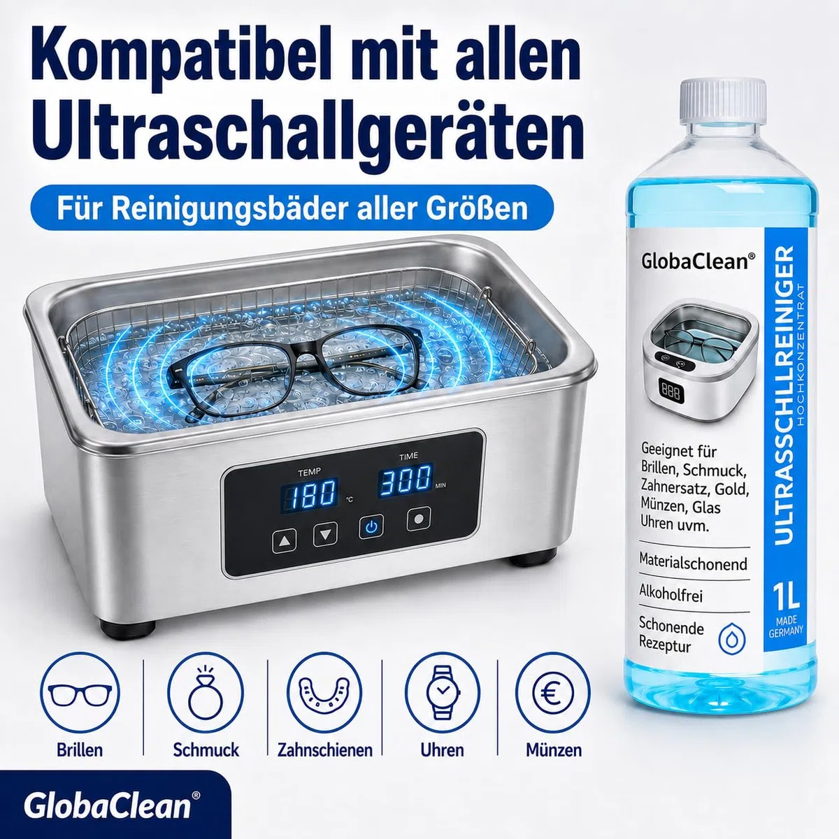 Ultraschallreiniger Konzentrat 1 L - Ultraschall Reinigungsmittel für Brillen, Schmuck, Zahnersatz, Werkstatt - Ultrasonic Cleaner