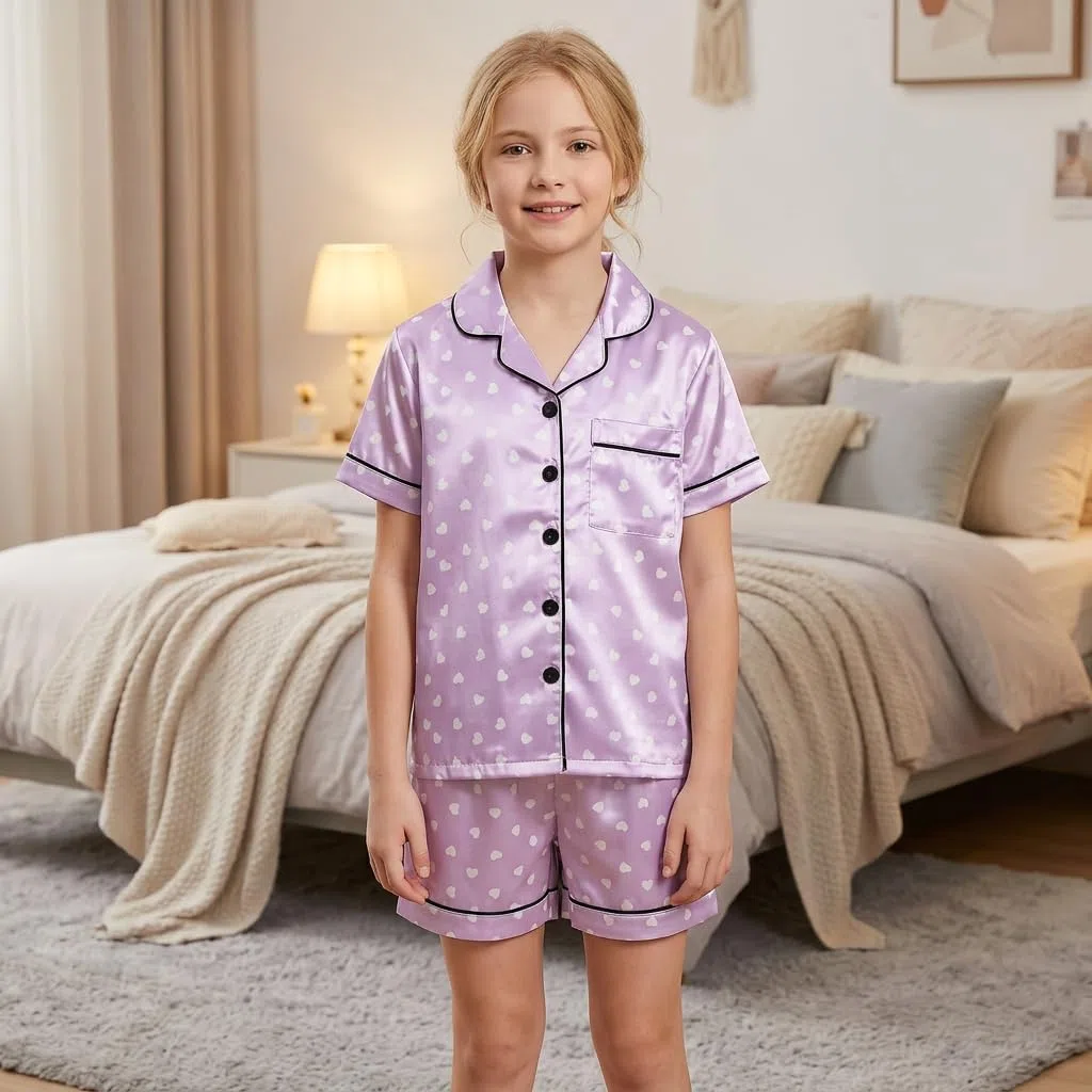 JiAmy Mädchen Satin Pyjama Kurzarm 2 Teilig Kinder Schlafanzug Sommer Nachtwäsche mit Herzmuster Knopfleiste Weiches Schlafanzug Set für 8-12 Jahre