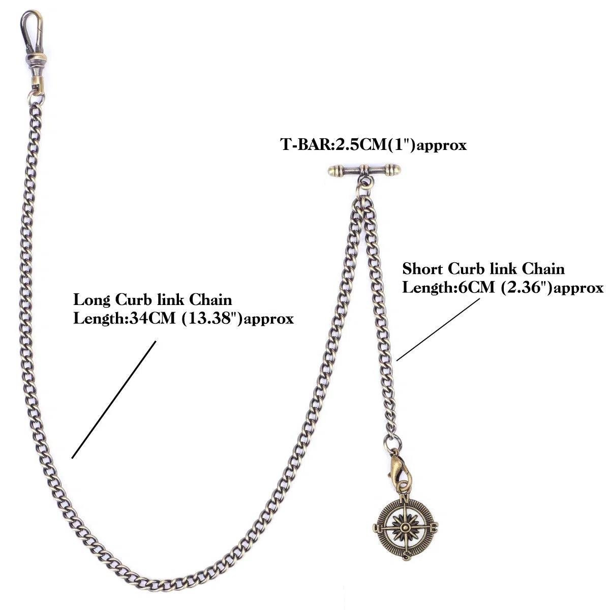 ManChDa Albert Chain Taschenuhr, T-Kette mit Kompass Anhänger, Curb Link Chain Kette 2 Haken, antike T-Bar für Herren