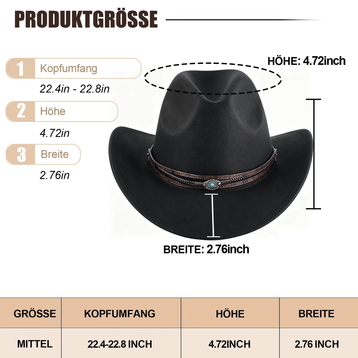 SIGONE Unisex Western Cowboy Filzhut Schwarz, Outdoorhut mit Breitem Rand & Verstellbarem Rückenband, Klassischer Hut für Männer Frauen Outdoor-Aktivitäten