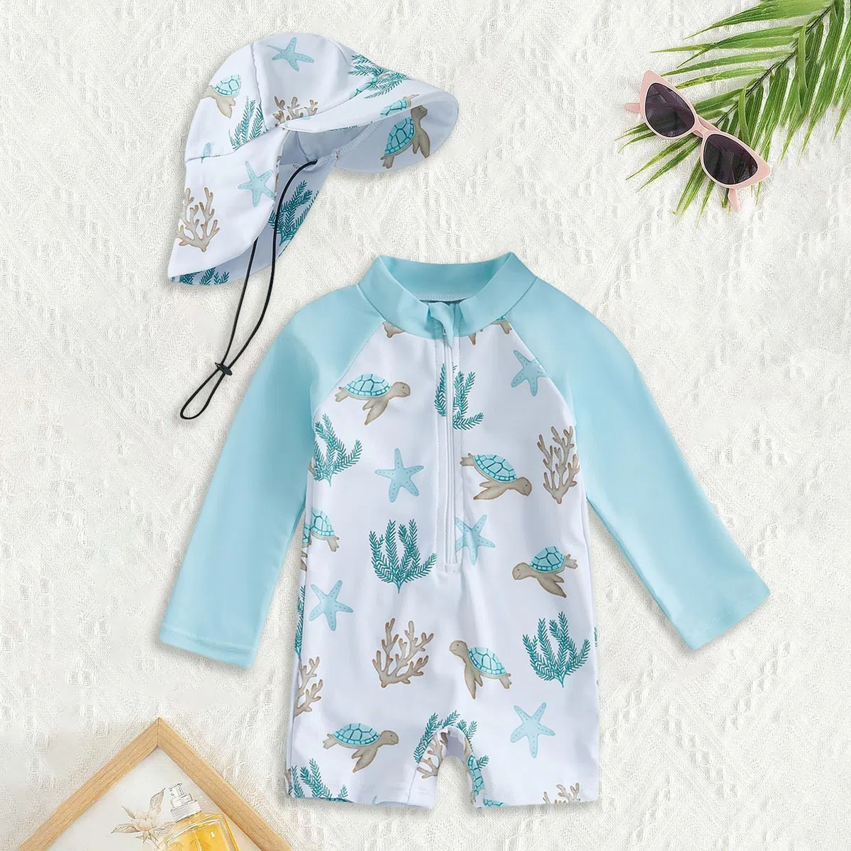 Generisch UV Kleidung Baby Kinder Badebekleidung Einteiliger Badeanzug mit Badekappe Sommer Langarm Druck Schwimmanzug Kleinkind Strand Casual Badeoverall Bequem Bademode für 0-3 Jahre