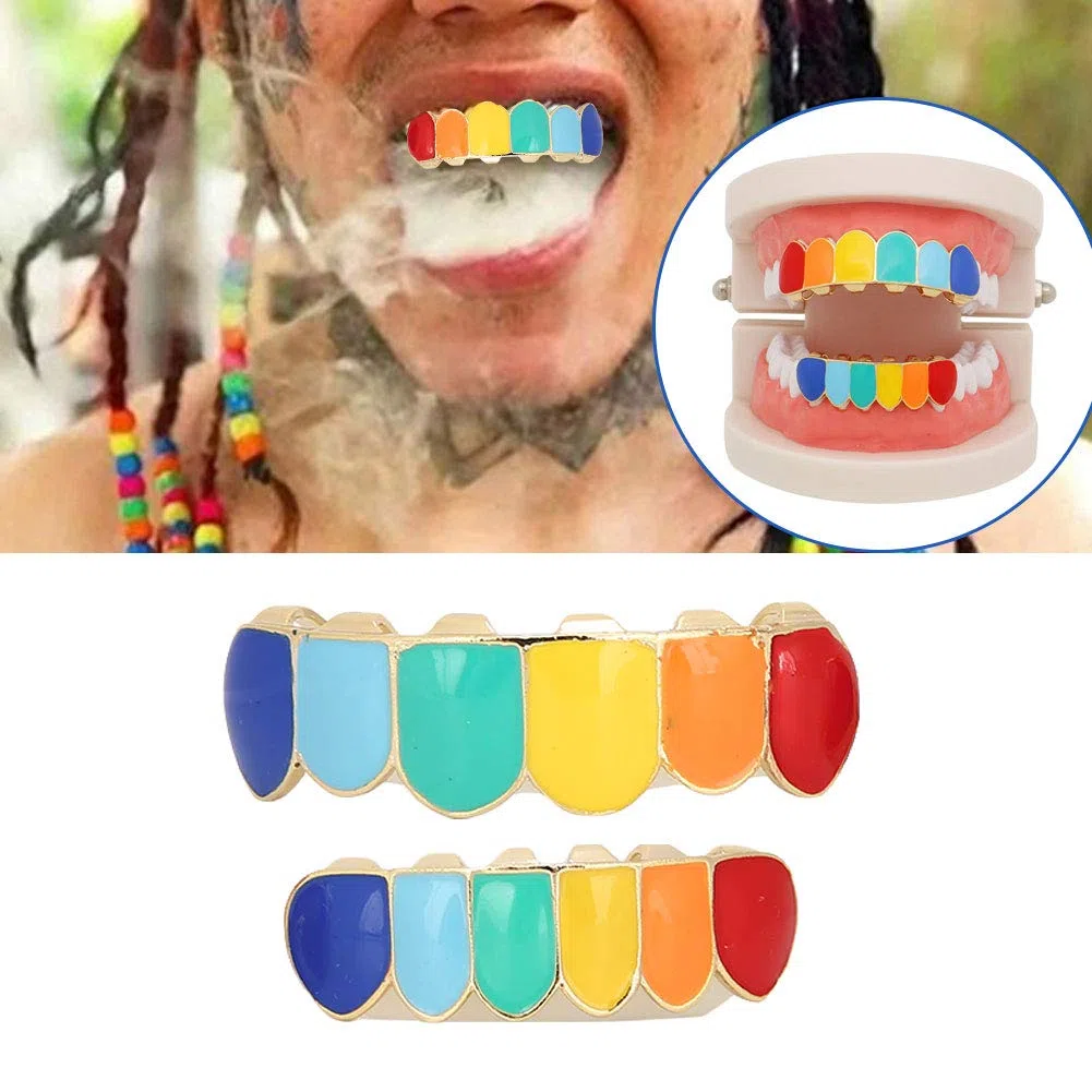Hip Hop GrillzTeeth, coole, praktische, mehrfarbige Grillz-Zähne aus Messing, umweltfreundlich für Damen Herren(Farbenfroher goldener Anzug)
