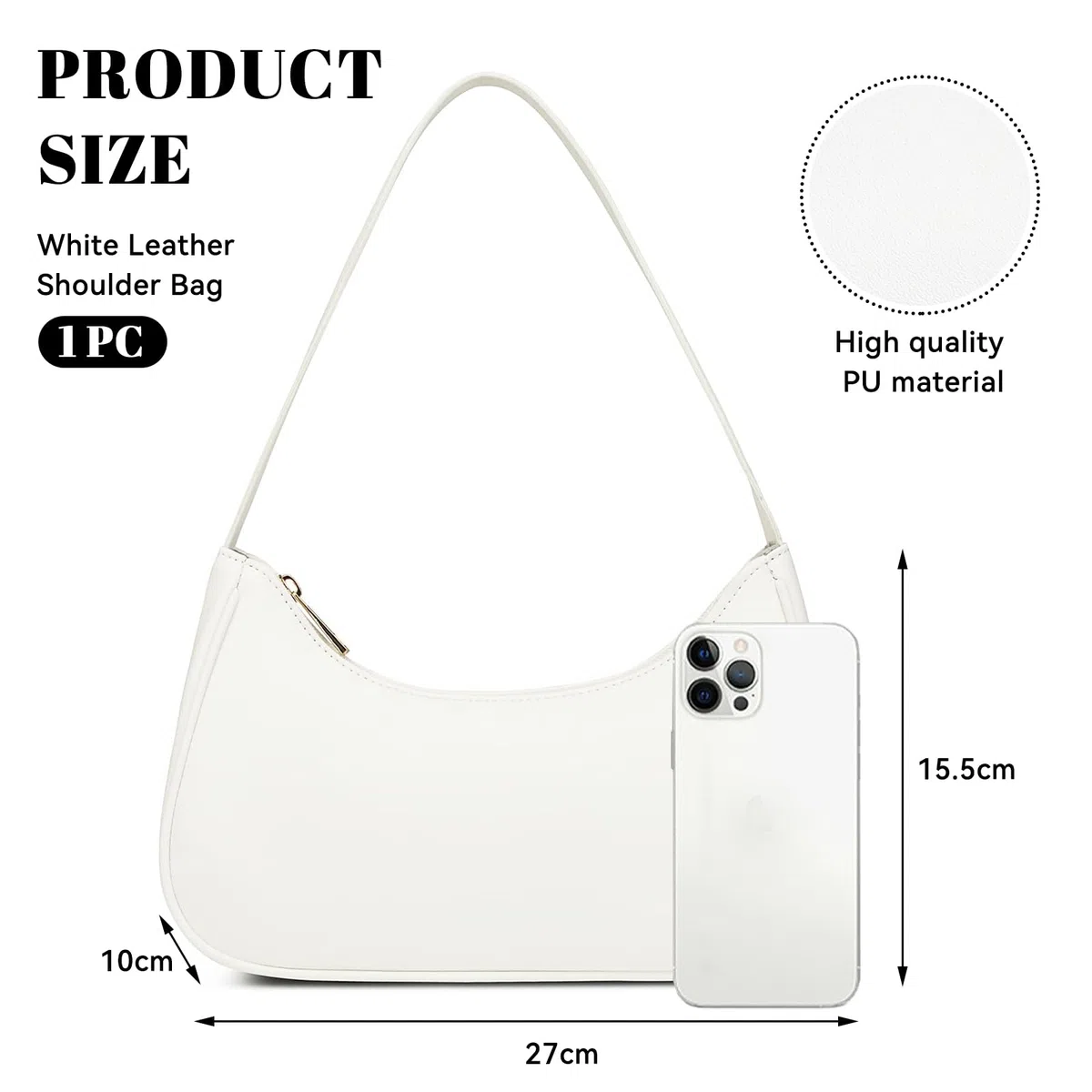 White Shoulder Bag Women, Vegan Leather Handbag Retro Hobo Sling Bag Tote With Zipper, Small Bag For Teenage Girls, Dirndl Bag