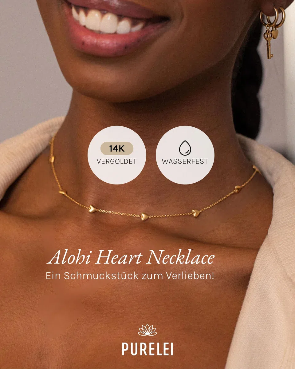 Purelei Alohi Heart Kette Damen – Halskette Damen aus Edelstahl (14K vergoldet) – Wasserfeste Halskette – 40-45 cm Länge verstellbar – Schmuck für deinen individuellen Look