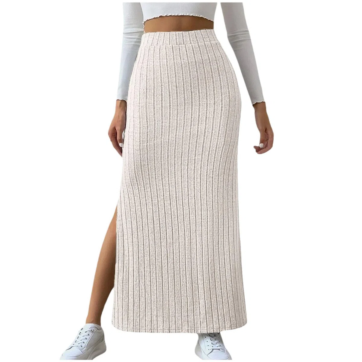 Generisch Figurbetonter Strickmaxirock für Damen mit elastischer Taillenpassform seitlichem Schlitz