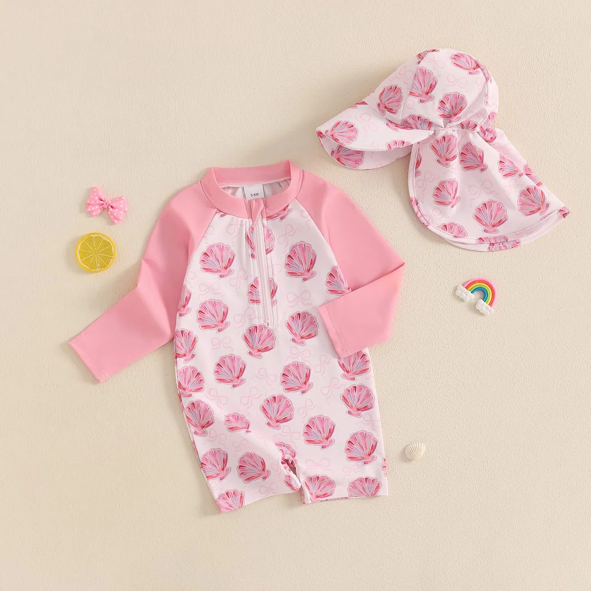 Baby Badeanzug mit Sonnenhut Langarm UV Schutz Badebekleidung Für Baby-Mädchen Reißverschluss Strand Schwimmanzug
