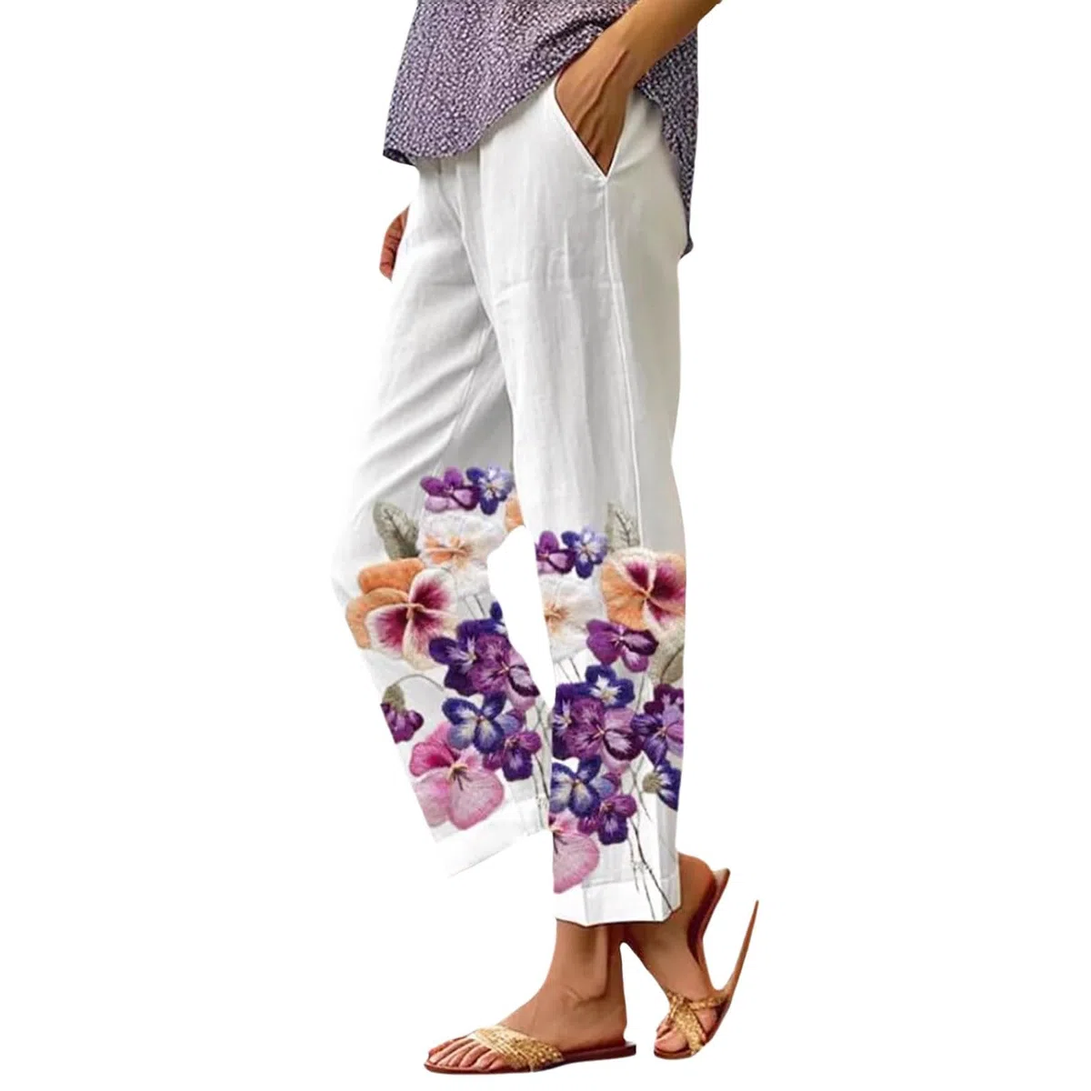 Hose Damen Sommer Weit Boho Blumenhose Hohe Taille Kordelzug Lässige lockere Blumenhose mit Taschen Blaue Hose Pflege Damen