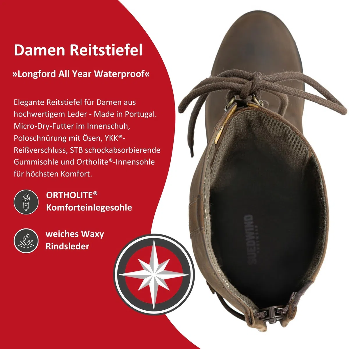 SUEDWIND FOOTWEAR Leder Reitstiefel für Damen Longford All Year Waterproof – Stiefel zum Reiten – Polo-Schnürung, Reißverschluss & Ortholite-Innensohle – schwarz o. braun – Gr. 36-43
