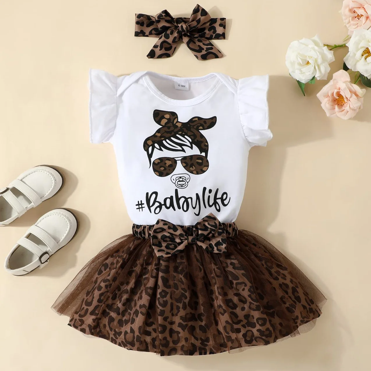 Baby Kleidung Mädchen Sommer Outfit, T-Shirt Rüschen Kurzarm Top + Leopardenmuster Netz Rock + Stirnband 3tlg Neugeborenen Set Bekleidungsset Babykleidung Set für 0-24 Monate