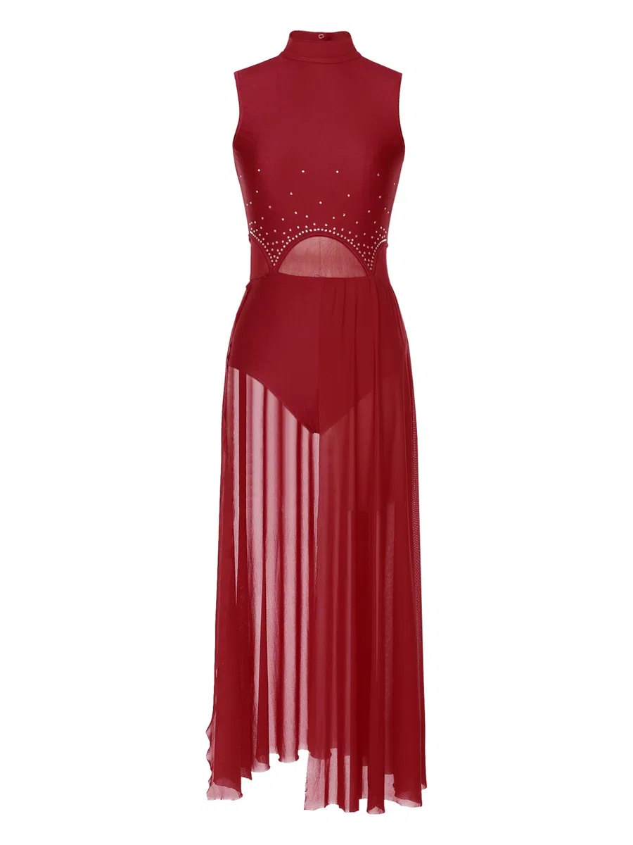 iEFiEL Damen Tanzkleid mit Strass Mesh Ballettkleid Ballett Trikotanzug Jumpsuit Tanzbody Overall Gymnastik Wettbewerb Tanzkostüm