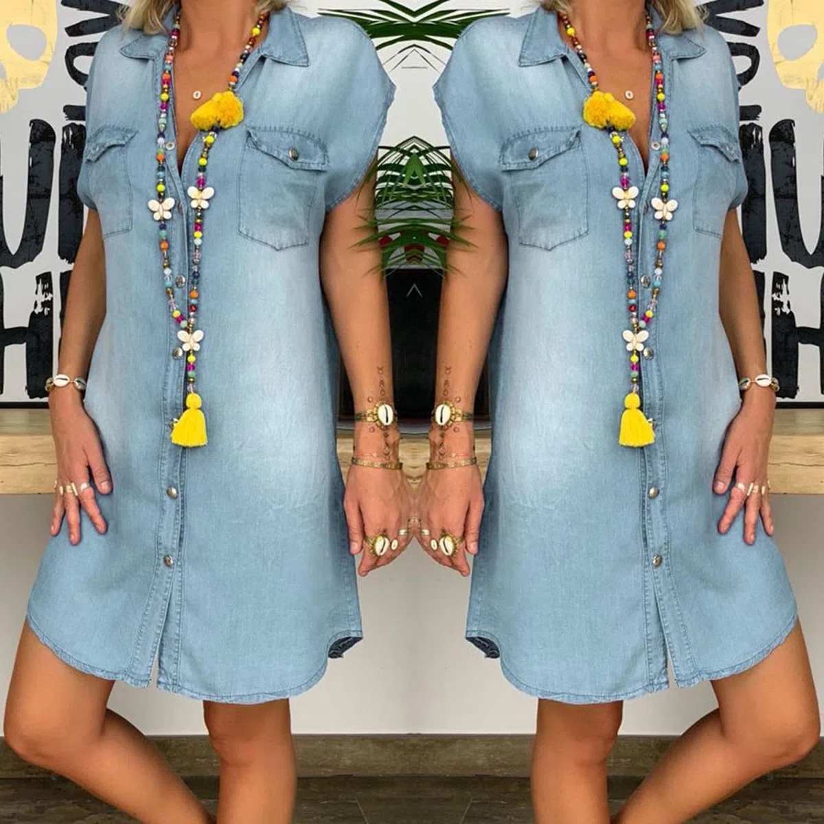 Jeanskleid Damen Sommer Lang Casual Locker Hemdkleid Denim Kleid A-Linie Knielang Shirtkleid Strandkleid Kurzarm Sommerkleid Blusenkleid Oversize Baumwolle Partykleid