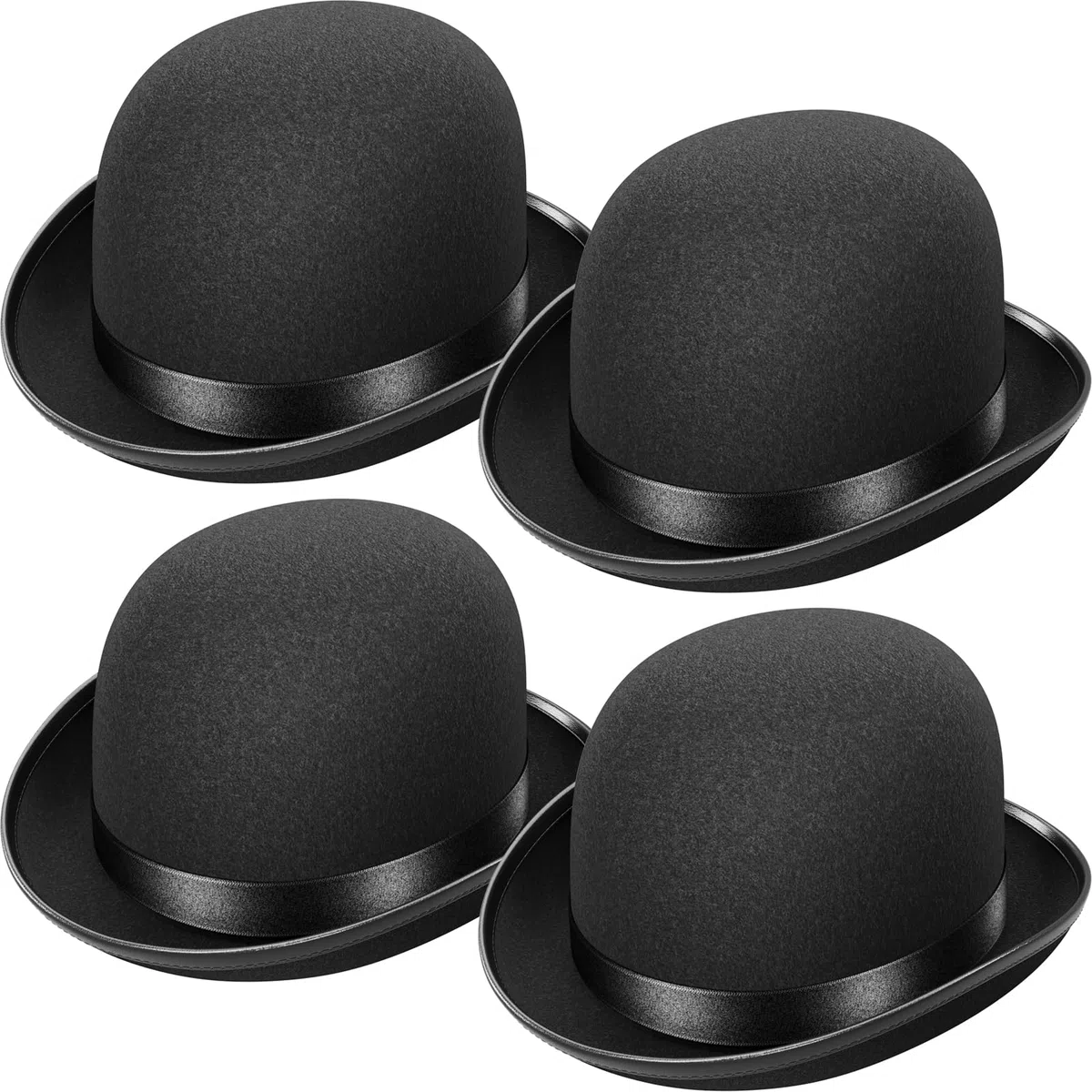 WELLGRO 4x Hut Melone schwarz für Erwachsene, Bowler mit Satinband, 30,5 x 24 x 13 cm (LxBxH)