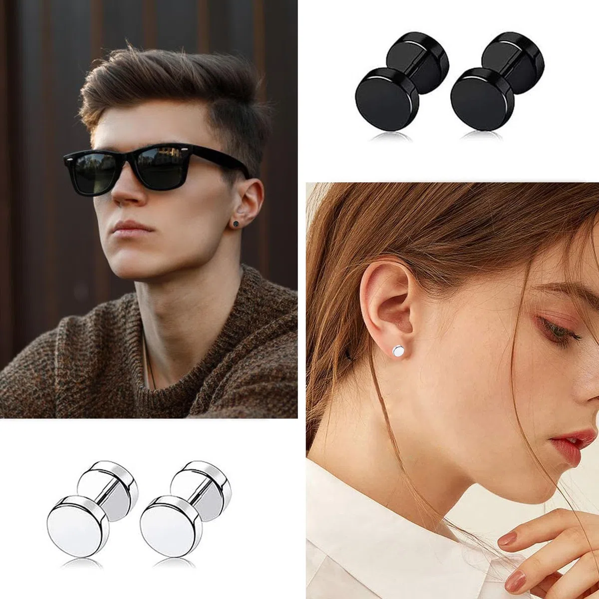 12 Paar Edelstahl Ohrringe Herren, Allergiefreie Creolen Ohrstecker Fake Plugs Schwarz/Silber für Damen Herren