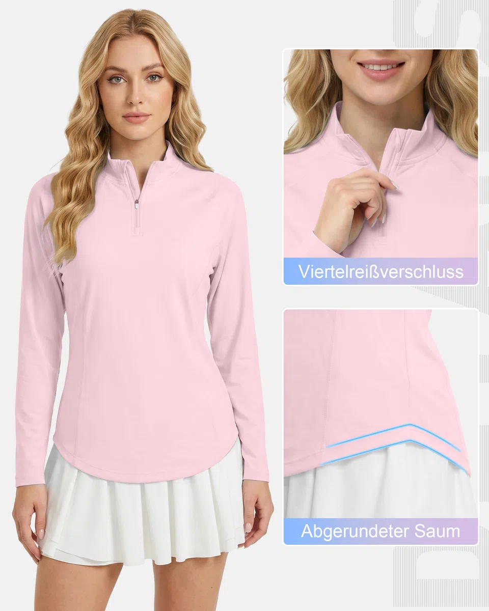 Damen UV-Schutz Shirt Langarm, UPF 50+ Sonnenschutz mit 1/4 Reißverschluss, Schnelltrocknend für Wandern Laufen Golf