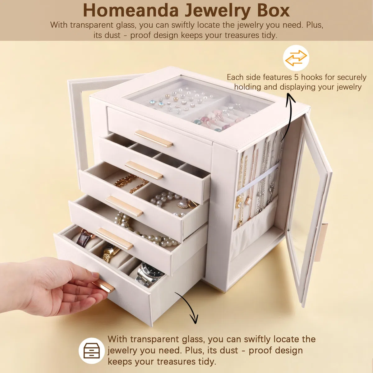 Homeanda Großes Schmuckkästchen 5 Lagen PU Leder Aufbewahrungsbox für Ringe Ohrringe Halsketten Armbänder Uhren Haarschmuck Beige
